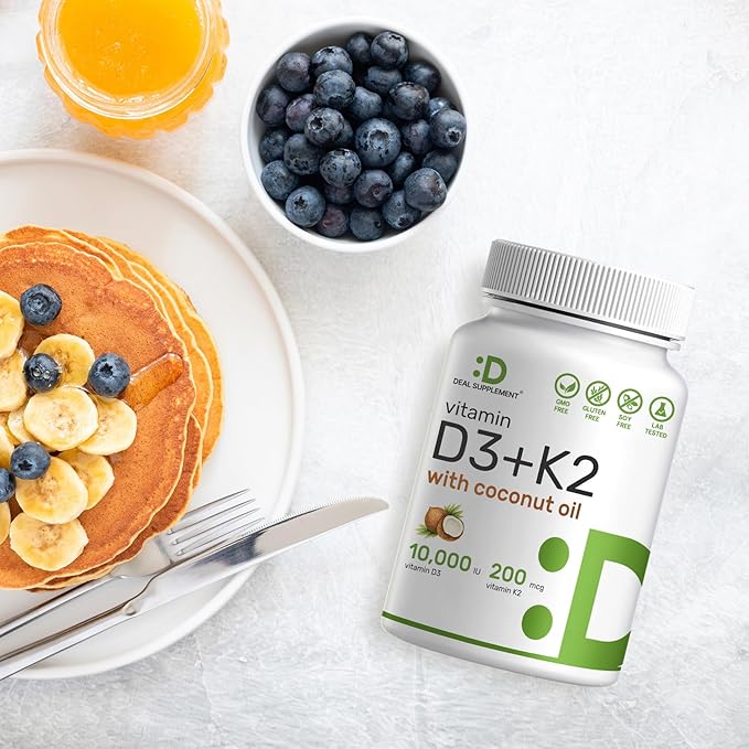 DEAL SUPPLEMENT Vitamin D3 10000 IU + K2 MK7 200mcg Softgels 250 Count | 2-in-1 Complex with Virgin Coconut Oil | Easy to Swallow