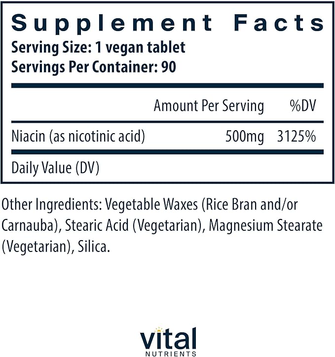 Vital Nutrients Niacin 500mg - Timed-Release Niacin Supplement for Men &amp Women - Vitamin B3 Supports Heart Health and Protein &amp Fat Metabolism - Gluten Dairy Soy Free - Non-GMO - 90 Tablets