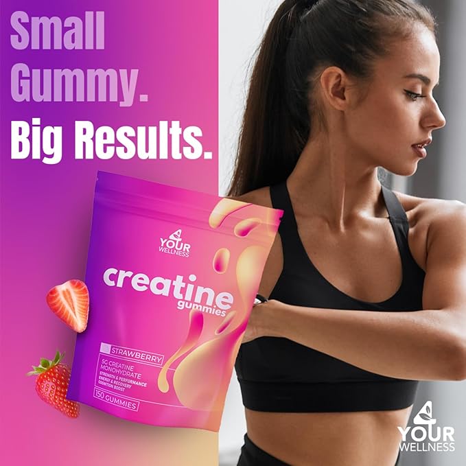 Creatine Monohydrate 5000mg Gummies - Vegan Strawberry Chewable Supplement for Women and Men Strength Endurance and Focus Support Travel-Friendly - 30 Day Supply 150 Count