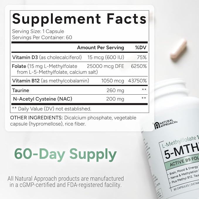 L-Methylfolate 15mg | 5-MTHF (Active B9) with Methyl B12 D3 NAC &amp Taurine | Premium Methylated Folate Supplement for Daily Use | Mood Energy &amp Cognitive Support | 60 Capsules