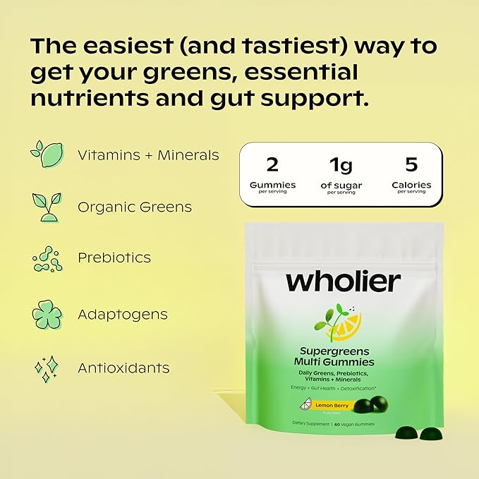 wholier Daily Supergreens Gummies Greens Supplement with Prebiotics Fiber Adaptogens Vegan Multivitamin 9 Essential Vitamins + Minerals 1g Sugar 2 Gummy Serving (60 Gummies 30 Day Supply)