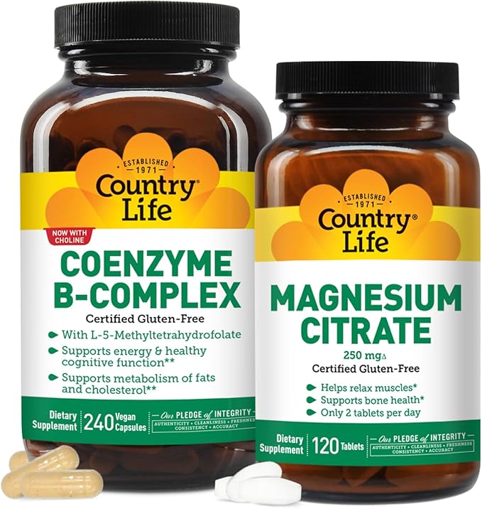 Country Life Coenzyme Vitamin B Complex Caps 240 Capsules and Magnesium Citrate 250 mg 120 Tablets Bundle