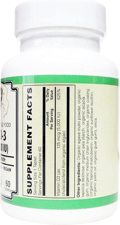 Vitamin D3 (5000 IU - 125 mcg) Certified Organic Chemically-Identical to cholecalciferol of Animal-Origin - Vegan Kosher Halal (60 Tablets)