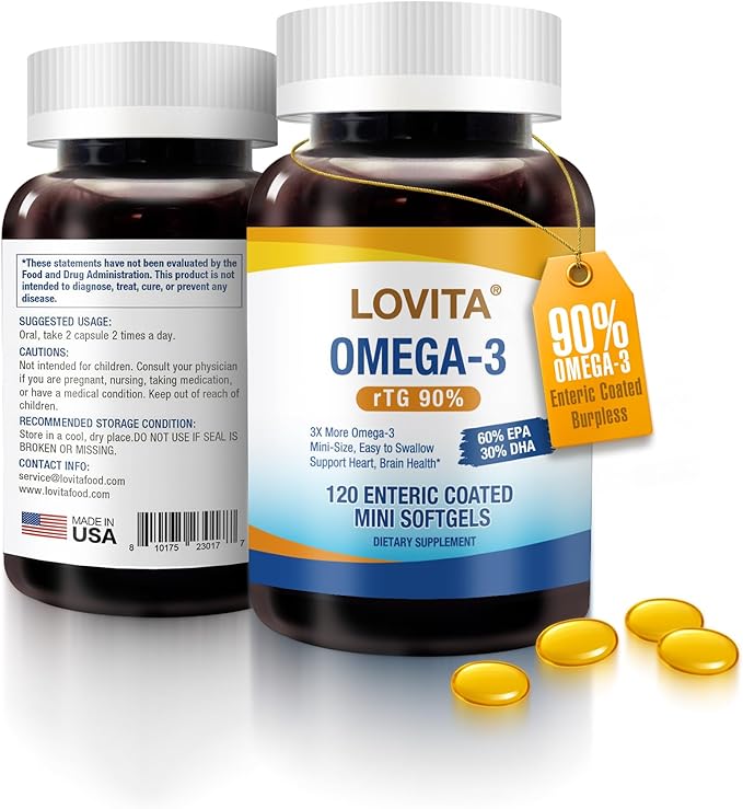 LOVITA 8-Pack Fish Oil Value Bundle - 960 Mini Softgels Total 2000mg rTG Omega-3 Burpless Enteric-Coated for Brain &amp Eye Health