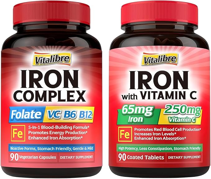 Iron Supplement for Women &amp Men with Vitamins C B6 B12 &amp Folate &amp Iron Supplement 65mg with Vitamin C Stomach Friendly Carbonyl Iron90Caps&amp90Tabs