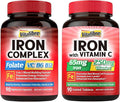 Iron Supplement for Women &amp Men with Vitamins C B6 B12 &amp Folate &amp Iron Supplement 65mg with Vitamin C Stomach Friendly Carbonyl Iron90Caps&amp90Tabs