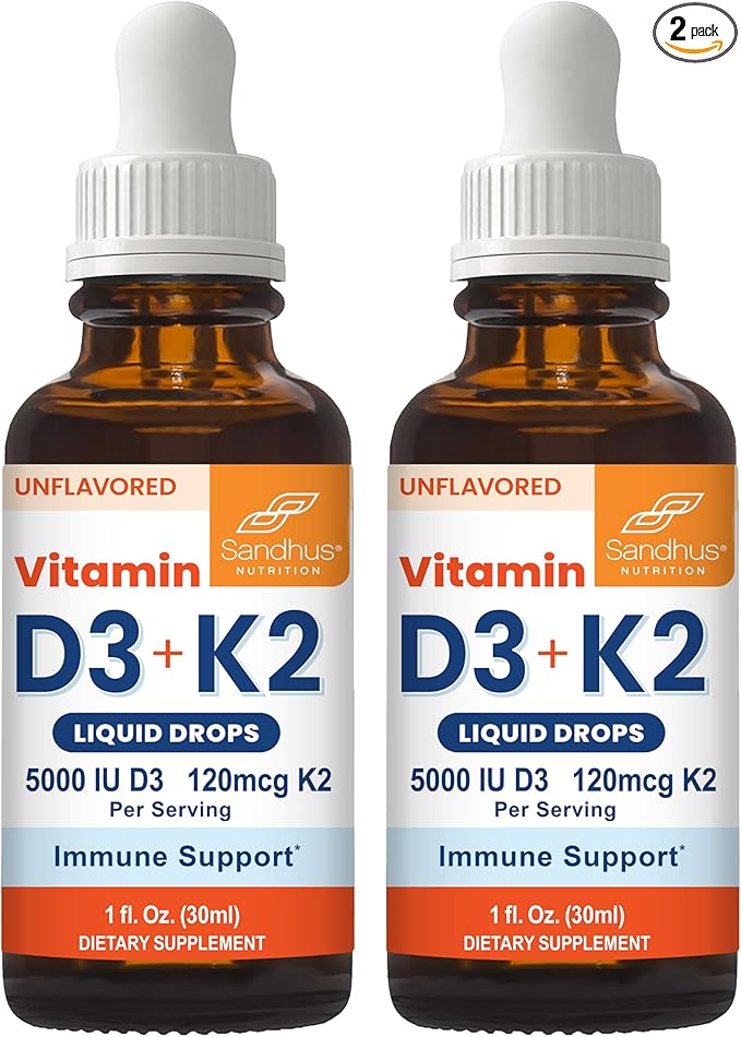 Sandhu's Vitamin D3 K2 Drops for Adults | 5000 IU D3 Liquid 120mcg K2 Supplement 1 Fl Oz (Pack of 2) | D3K2 Supports Superior Absorption Energy Immune Muscle Health for Men &amp Women