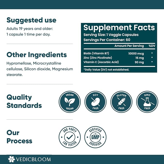 Biotin Capsules 10000 mcg High Potency 60 Vegan Capsules for Healthy Hair Skin and Nails Gluten Free Non GMO (3 180 Capsule)