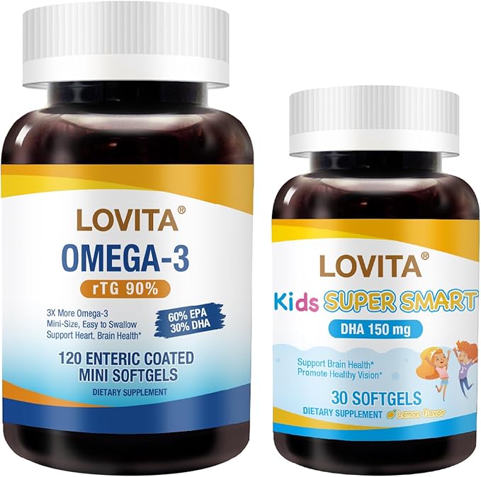 LOVITA Parent &amp Child Omega-3 Bundle - 1 Adult Fish Oil (120ct) &amp 1 Kid’s Super Smart DHA (30ct) Lemon Flavor &amp Burpless rTG (2 Pc)