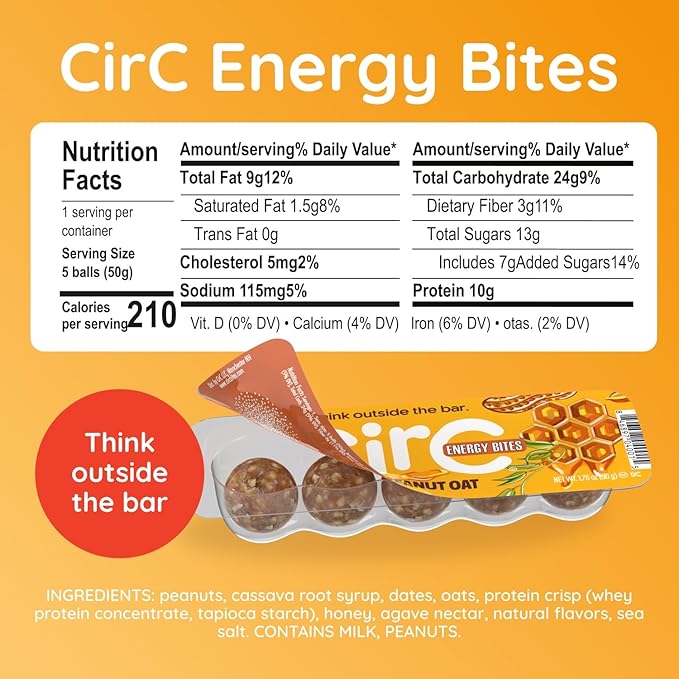 CirC Energy Bites - 12 Pack Honey Peanut Oat Gluten Free Protein Balls - 10g Protein Whole Grains Nuts &amp Fruit - Portable Healthy Snacks for Adults &amp Kids 5 Piece Resealable Packs