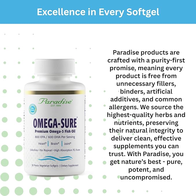 Paradise Herbs Omega-Sure Omega-3 Concentrate Premium Fish Oil DHA EPA Vegan Non GMO Gluten Free 60 Count Vegetarian Softgels
