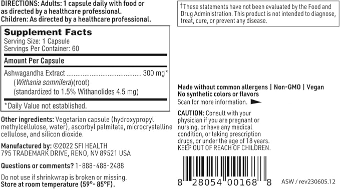 SFI Health Klaire Labs Ashwagandha Extract 300mg - Ashwagandha Supplement to Promote Memory Cognitive Function &amp Healthy Stress Response - Hypoallergenic Ashwagandha Root Extract (60 Capsules)