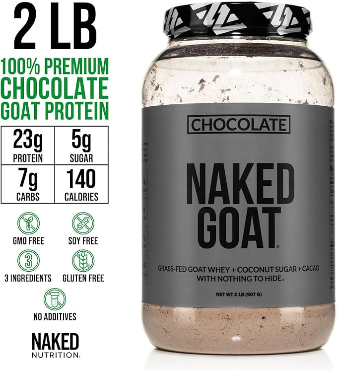 NAKED Goat Chocolate Protein Powder - Pasture Fed Goat Whey Protein Powder from Small-Herd Dairies - Only 3 Ingredients - GMO Free Soy Free - All Natural - 23 Grams of Protein - 25 Servings