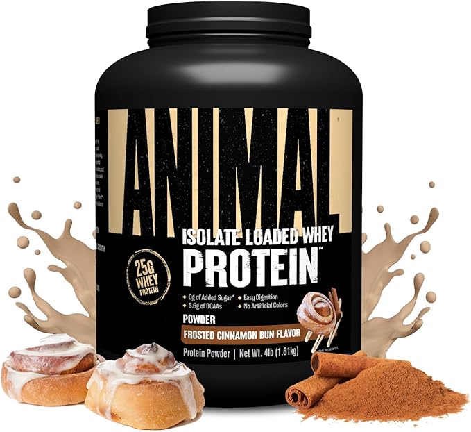 Animal Whey Isolate Protein Powder - Loaded for Pre &amp Post Workout Muscle Builder and Recovery with Digestive Enzymes for Men &amp Women - 25g Protein Great Taste Low Sugar - Frosted Cinnamon B