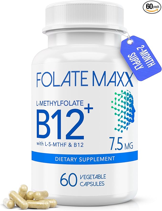 L Methylfolate 7.5mg Plus B12 Methyl - 60 Capsules - 5-MTHF with B12 Methylcobalamin Supplement for Mood Methylation and Cognition - Bioactive Forms of Vitamin B9 &amp B12-2 Month Supply