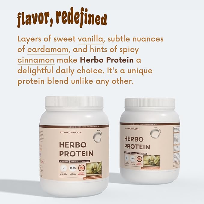 Herbo Protein 100% Whey Protein Isolate Naturally Hydrolized. 24g of Protein 2g of Sugar Low Carb Gluten Free 2 Pound 30 Servings Vanilla - Cinnamon - Cardamom Protein Powder