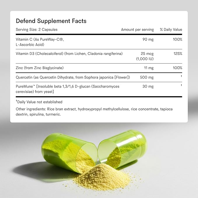 Tally Health Defend - Immune Support &amp Longevity Supplement Vegan Non-GMO with Quercetin Vitamin C Beta-glucan Zinc Vitamin D3-60 Capsules 30-Day Supply
