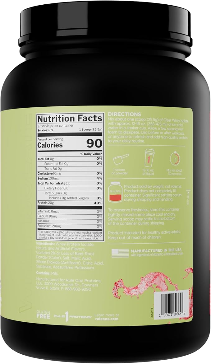 Rule 1 Clear Whey Isolate - 20g All-Whey Isolate Protein Mix Over 9g EAAs 90 Calories Zero Sugar Easy to Digest Light Crisp and Refreshing Taste (27 Servings Cherry Limade)