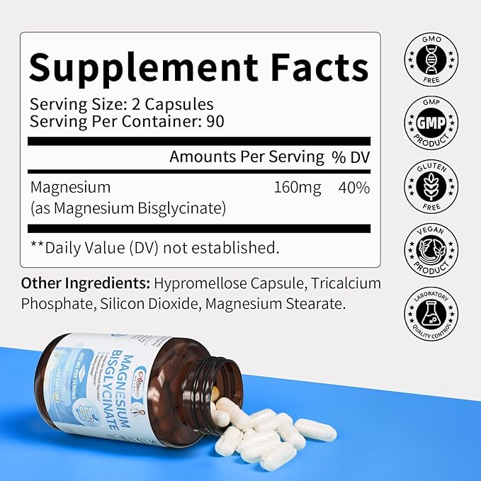 Magnesium Glycinate Capsules Magnesium Bisglycinate 800mg Chelated Maximum Absorption Gentle on Stomach Small Easy to Swallow Supports Restful Sleep Muscle Bone Health 180 Counts
