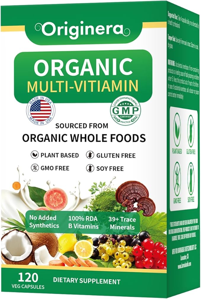Organic Whole Foods Supplement Multi-Vitamin: Immune Brain &amp Heart Support | with Prebiotics and Postbiotics | Vegan Capsules for Men &amp Women. Gluten &amp Soy Free - 120 Plant-Sourced Capsu