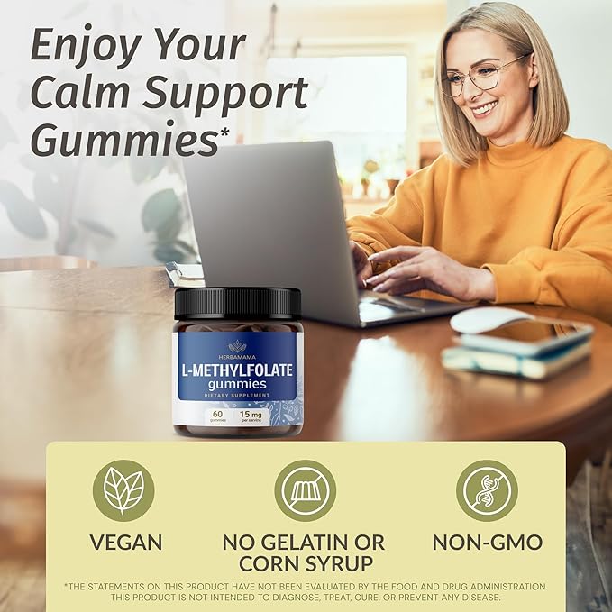 HERBAMAMA L-Methylfolate Gummies - 15mg 5-MTHF Calming Supplement for Adults - Vegan Non-GMO Methylated Folate (Vitamin B9) for Brain Support - 60 Pectin-Based Blueberry-Flavored Chews