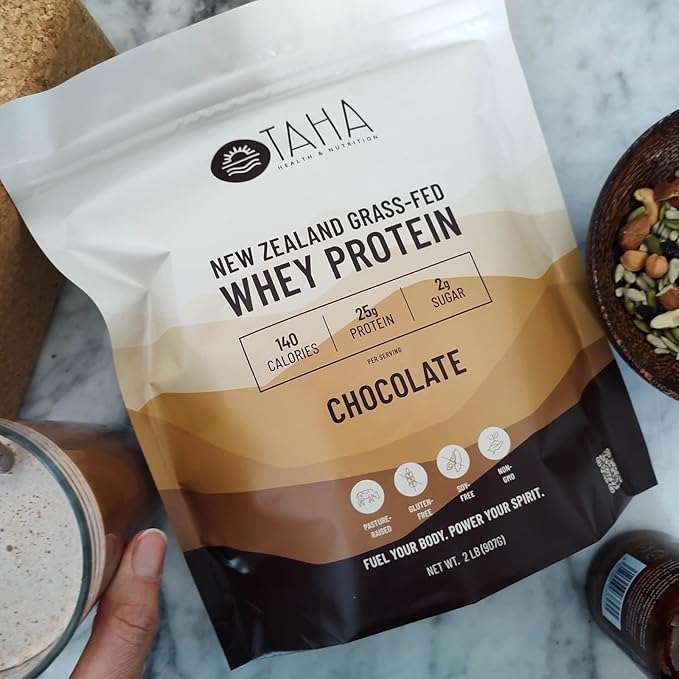 Taha Health &amp Nutrition Chocolate Flavored Whey Protein Concentrate Powder 25g Protein 140 Calories 2g Sugar | New Zealand Grass-Fed Free-Range Dairy | Gluten and Soy Free Keto Kosher | 2LB