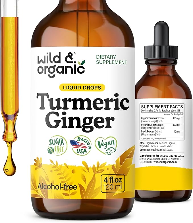 Wild &amp Organic Turmeric and Ginger Supplement Drops - Joint &amp Immune Support - Liquid Turmeric Curcumin with Black Pepper and Ginger - Curcumin Supplement - Vegan Sugar &amp Alcohol-Free Tin