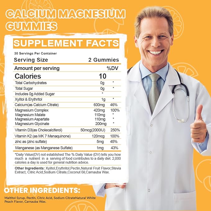 Calcium Magnesium Gummies for Adult: with Zinc Vitamin D3 K2 for Women Men Organic Sugar Free Vegan Chewable Gummy - High Absorption for Immune Strength（60count