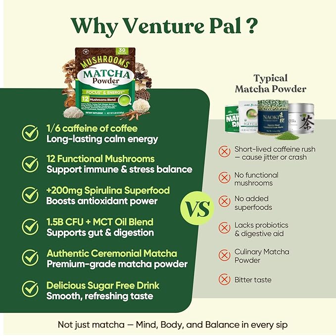 Venture Pal Ceremonial Grade Mushroom Matcha Powder + Venture Pal Calming Powdered Drink Mix - Energy Relax &amp Focus - Non GMO &amp Vegan