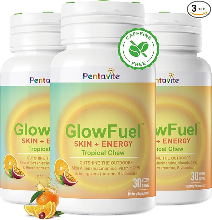 GlowFuel Niacinamide Supplement Tropical Fruits Flavor Chew Vitamin C &amp E Boost NAD+ Skin Care Health &amp Energy Support Caffeine &amp Gluten Free Non-GMO 90 Day Supply - 30 Ct x 3 Pack