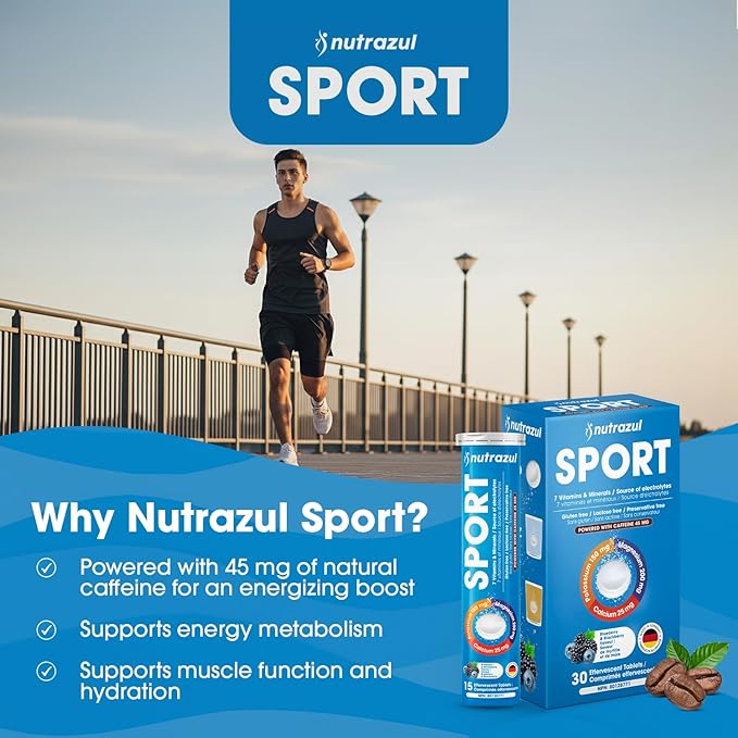 nutrazul Sports Effervescent Tablets Electrolytes &amp 7 Vitamins &amp Minerals Daily Hydration and Energy 45mg Caffeine Blueberry &amp BlackBerry Flavor 30 Count