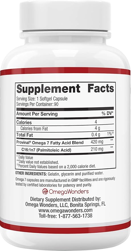 Heart Health Omega 7 - Containing Patented Provinal Purified Omega 7 Fatty Acids - No Fish Smell or Burp-Back - 90ct Soft Gels
