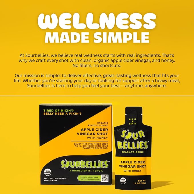 Sourbellies Apple Cider Vinegar Immunity Wellness Shot with Honey Organic ACV Shot for Digestion Support &amp Bloating Relief Ready-to-Drink On-The-Go Wellness Gut Health 1 oz (Pack of 12)
