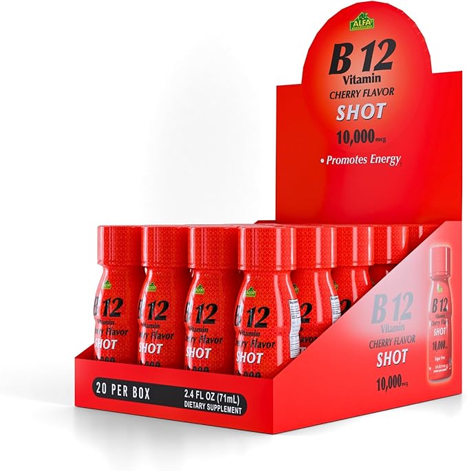ALFA VITAMINS Vitamin B12 Energy Shot Natural Sugar Free Dietary Supplement Boosts Energy Supports Immune System Cherry Flavored Gluten Free 10000 mcg per Serving 2.0 oz Bottle 80 Pack