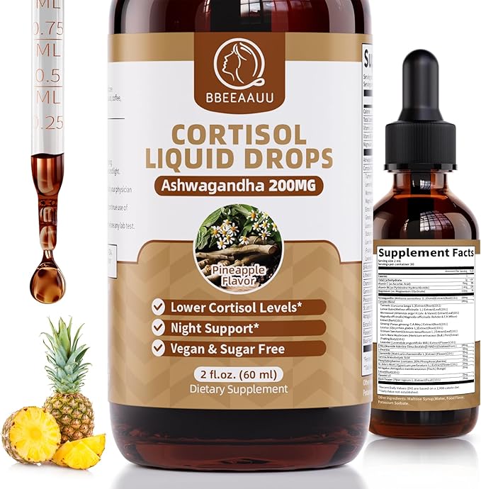 Cortisol Supplements for Women &amp Men with 200mg Ashwagandha L-Theanine &amp Phosphatidylserine 21-in-1 Cortisol Manager Reducer Liquid Drops Support Night Focus &amp Energy Pineapple 60ml