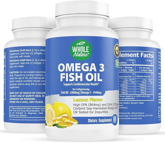 Omega 3 Fish Oil Supplements Maximum Strength 2400 mg Omega-3 1440mg Fish Oil EPA DHA Fatty Acids Heart Health Vision Eye Brain Immune Support for Women &amp Men. Natural Lemon Flavor 180ct