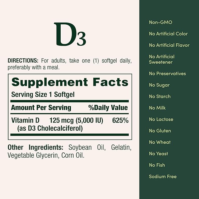 Nature's Bounty Vitamin D3 5000 IU Softgels Rapid Release Immune Support Vitamin D Supplements 240 Ct (Pack of 2)