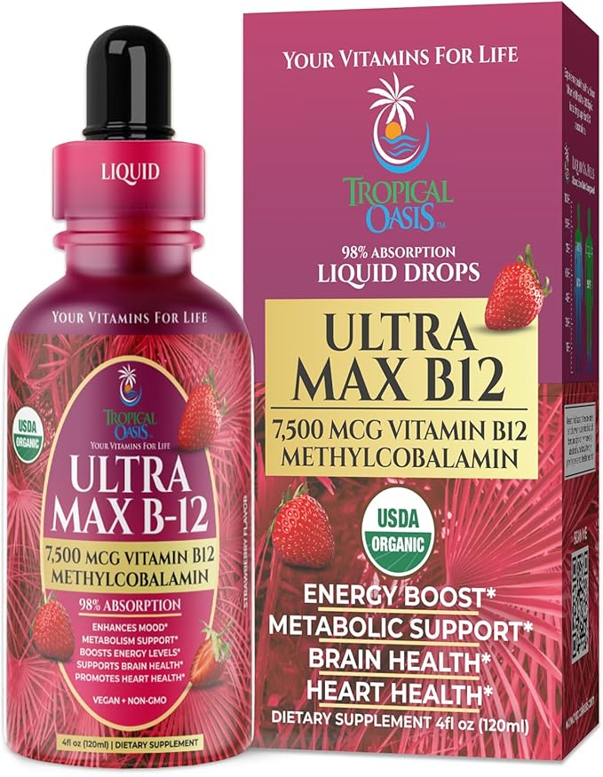 USDA Organic Ultra Max B12 | Superdose 7500mcg Vitamin B12 Liquid Drops | B12 as Methylcobalamin| Max 98% Absorption Rate | Promotes Energy| Vegan Non-GMO Strawberry flavor -4oz