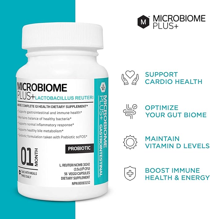Microbiome Plus Gastrointestinal Probiotics L Reuteri NCIMB 30242 GI Digestive Supplements Capsule Allergy Safe &amp Gluten Free for Men and Women (1 Month Supply)