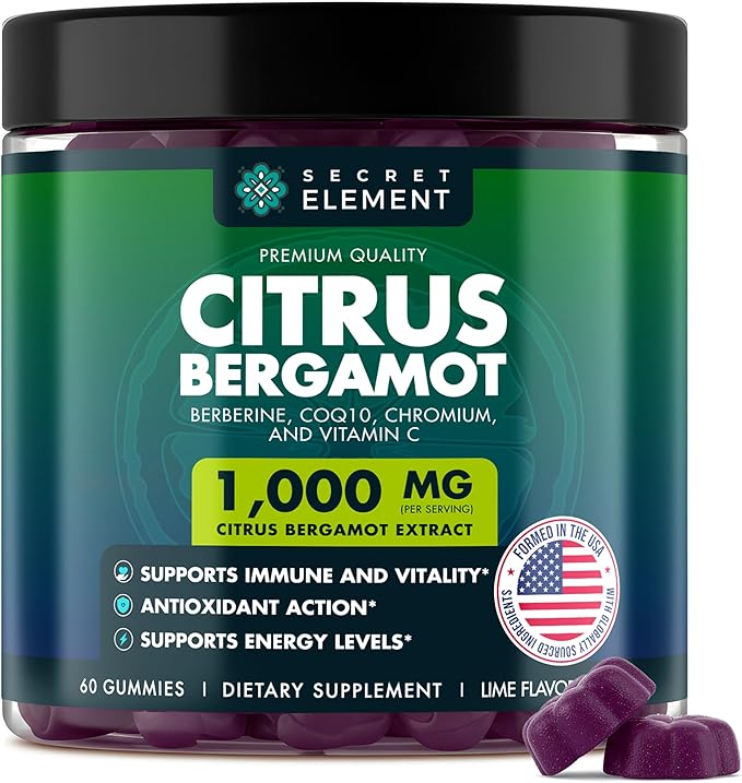 Citrus Bergamot 1000MG Gummies for Women and Men Citrus Bergamot Extract with Berberine CoQ10 Chromium &amp Vitamin C Metabolic &amp Antioxidant Support Sugar Free Vegan Lime Flavor 60 Gummi