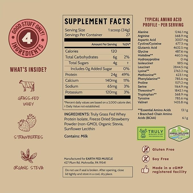 Earth Fed Muscle Strawberry Feels (Forever) – Irish Truly Grass‑Fed Whey Protein Isolate No Sugar Soy‑Free Gluten‑Free (2 lb 29 Servings Strawberry)
