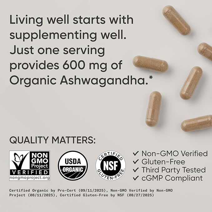Sports Research® Organic Ashwagandha – Adaptogen for Relaxation Calm &amp Sleep Support – Made with Organic KSM-66® – 600 mg – Non-GMO Verified Gluten-Free Certified Vegan – 90 Veggie Capsules