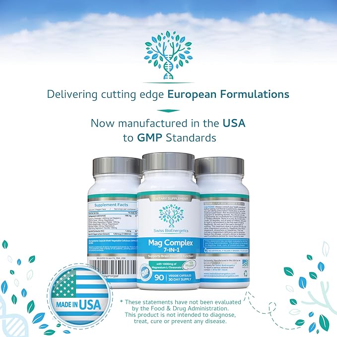 Magnesium L-Threonate Complex 7-in-1 with 1000mg of Magtein Plus Magnesium as Bisglycinate Taurate Citrate Gluconate Malate &amp Lactate - Supports Sleep - Vegan US Made and No Artificial Nastie