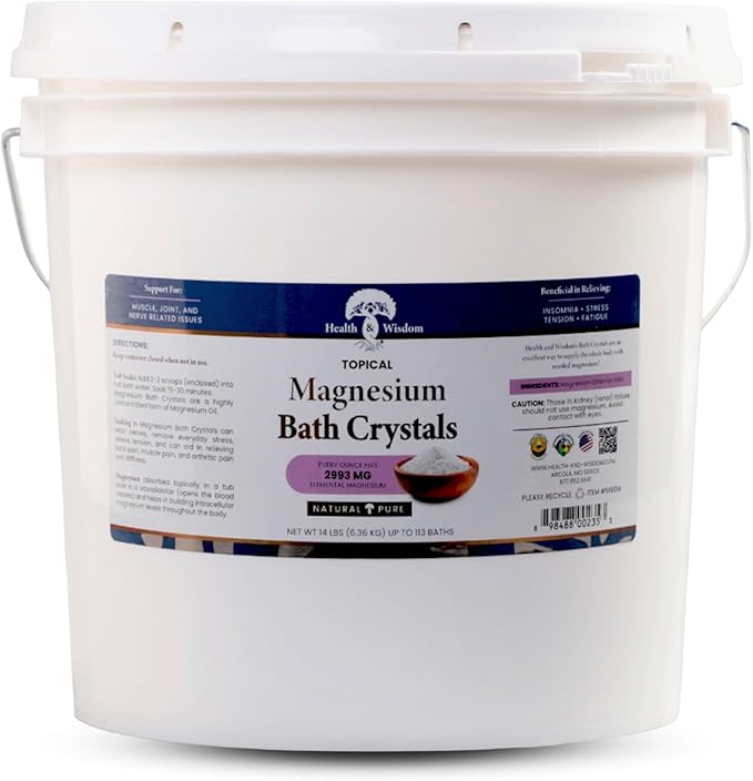 Health and Wisdom Magnesium Bath Crystals - Bath Salts with High Concentration &amp Enhanced Absorption for Muscle &amp Joint Relief - Dead Sea Sourced - Unscented - 14 lbs - Up to 113 Uses