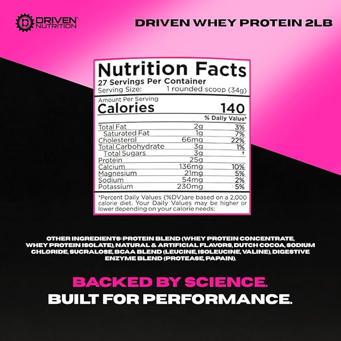 Driven WHEY- Whey Protein Powder: Delicious Clean Protein Shake- Improve Muscle Recovery with 23 Grams of Protein with Added BCAA and Digestive Enzymes (2lb Cookies &amp Cream)