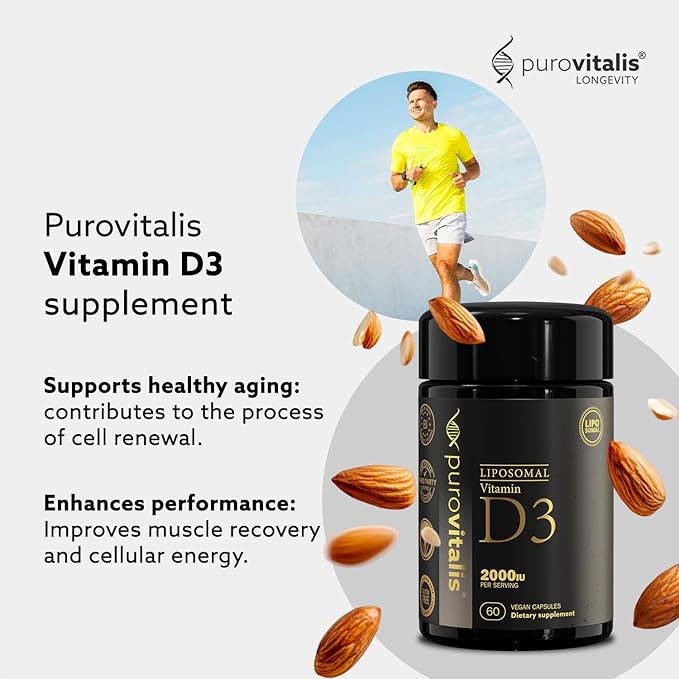 PUROVITALIS Liposomal Vitamin D3 2000iu 60 Servings (60 Vegan Capsules) High Strength Anti-oxidant Supplement