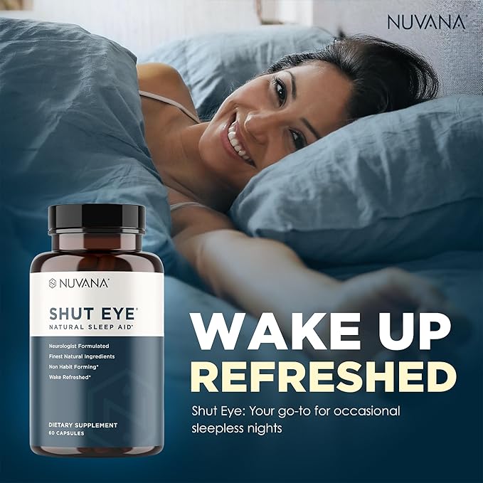 Shut Eye Natural Sleep Aid Supplement for Adults | 5mg Melatonin | Helps Relax and Promote Natural Deep Sleep with Valerian Root Chamomile &amp Magnesium | Vegan &amp Non-GMO | 60 Capsules
