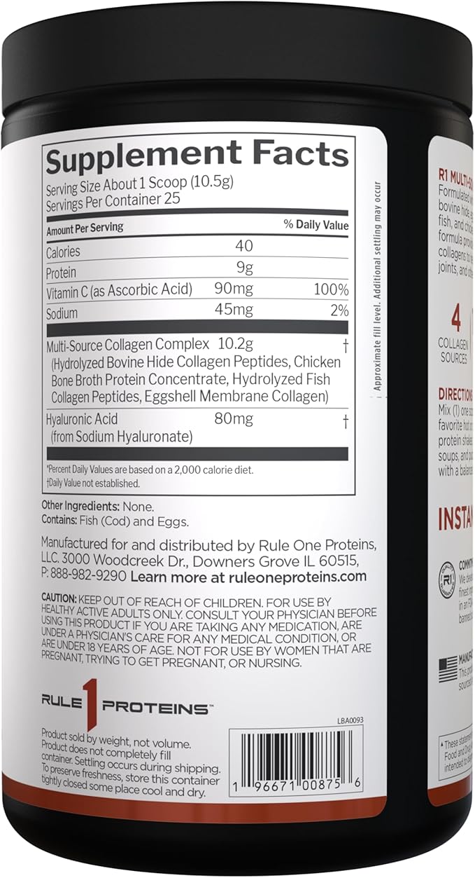 Rule 1 Proteins Multi-Source Collagen Powder - Bovine Chicken Fish &amp Eggshell Collagen Sources + Hyaluronic Acid &amp Vitamin C for Hair Skin &amp Nail Support (25 Servings Unflavored)