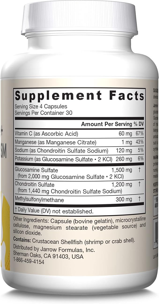 Jarrow Formulas Glucosamine Chondroitin and MSM Capsules Joint Support Supplement with Vitamin C and Manganese Bone &amp Joint Health 120 Capsules 30 Day Supply