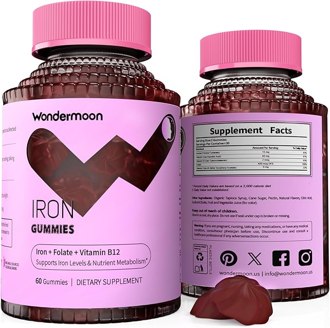 Wondermoon Iron Gummies for Women with Vitamin C Chewable Iron Supplement with B12 &amp Folate Cherry Flavor 60 Gummies